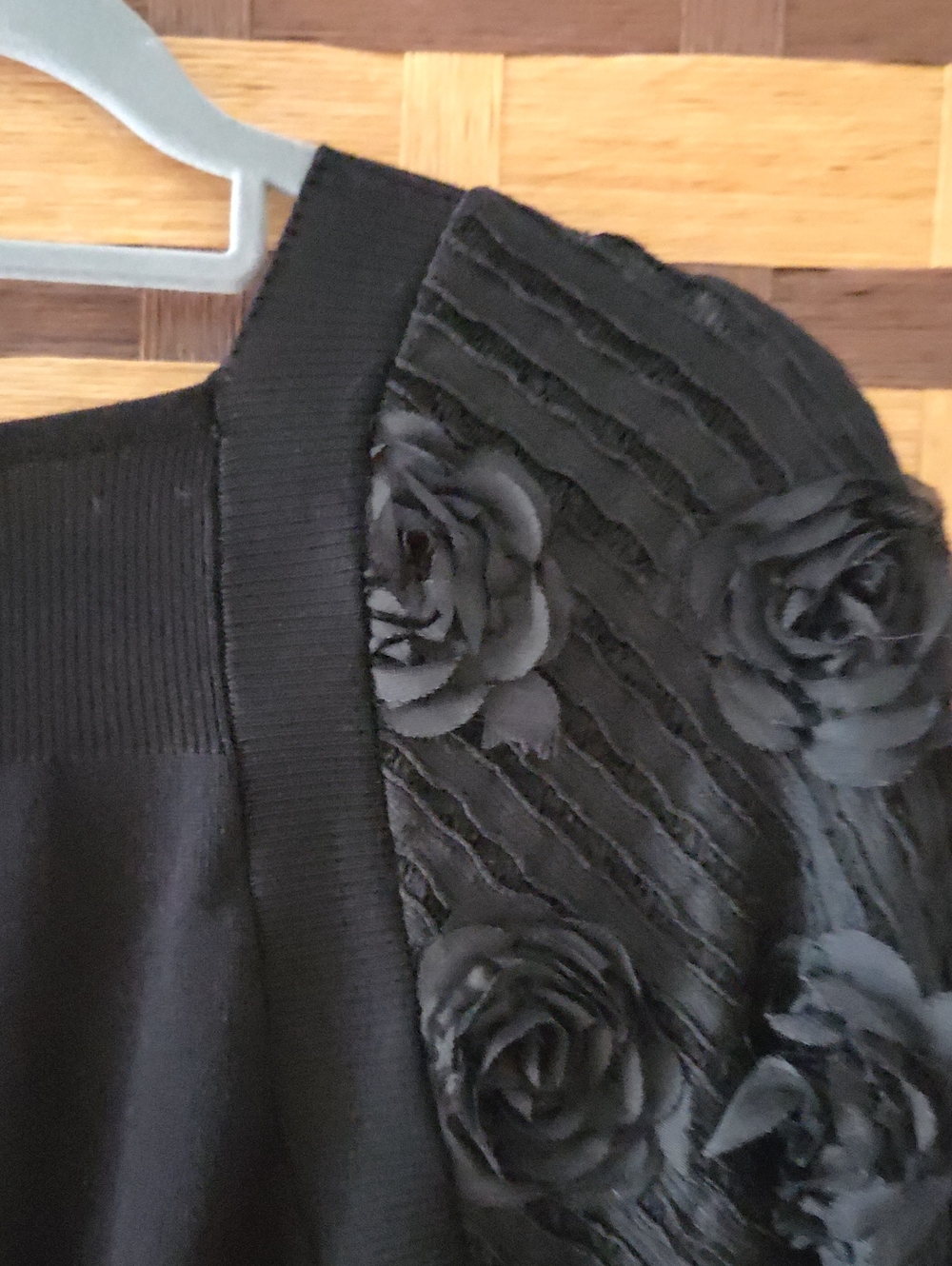 Nicole Miller Black Scoop Neck Sweater with Puffed Sheer Floral Sleeves
